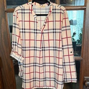 Timeson Womens XL Plaid Roll Tab Sleeve V-Neck Blouse Beige Red Black Business‎